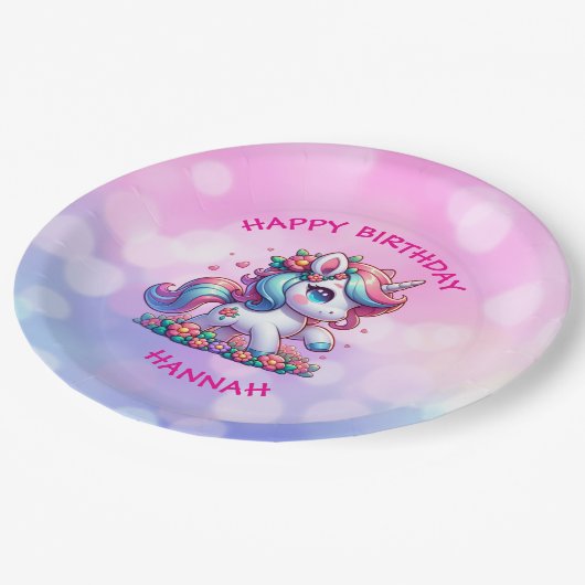 かわいい魔法のパーソナライズされたユニコーン少女の誕生日 ペーパープレート (アングル)