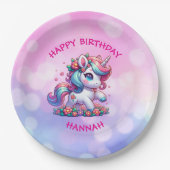 かわいい魔法のパーソナライズされたユニコーン少女の誕生日 ペーパープレート (正面)