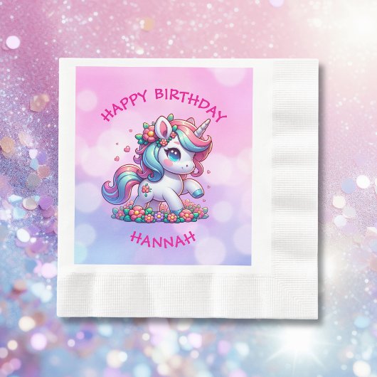 かわいい魔法のパーソナライズされたユニコーン少女の誕生日 縁ありランチョンナプキン