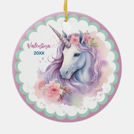 かわいい魔法のピンクのユニコーンの女の子の休日の記念品 セラミックオーナメント (裏面)