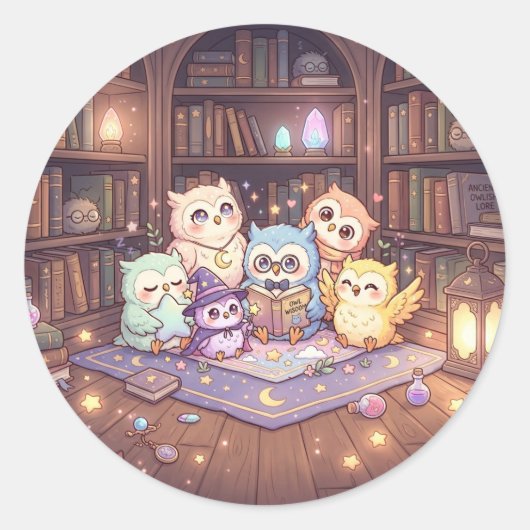 かわいい魔法のフクロウ図書館ステッカー ラウンドシール (正面)