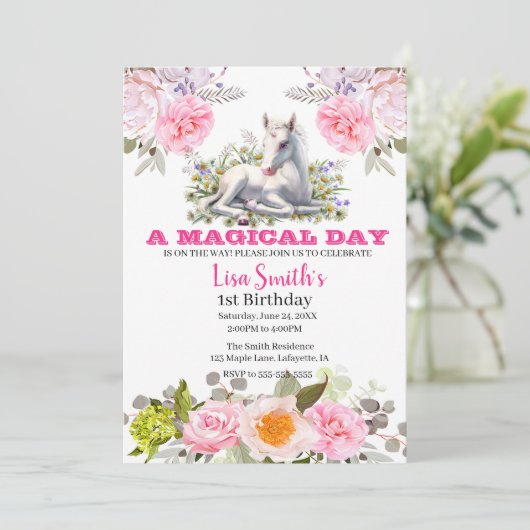 かわいい魔法のベビーユニコーン1歳の誕生日 招待状 (スタンド正面)
