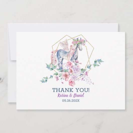 かわいい魔法のポニーとピンクのバラのリース 招待状 (正面)