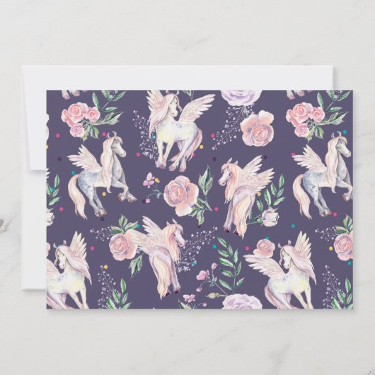 かわいい魔法のポニーとピンクのバラのリース 招待状 (裏面)