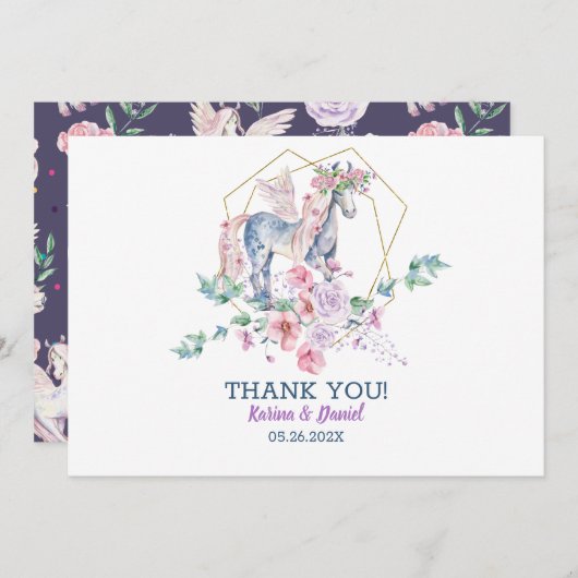 かわいい魔法のポニーとピンクのバラのリース 招待状 (正面/裏面)