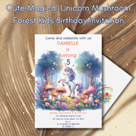 かわいい魔法のユニコーンきのこ森の子供の誕生日 招待状