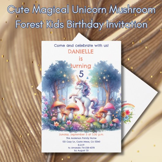 かわいい魔法のユニコーンきのこ森の子供の誕生日 招待状