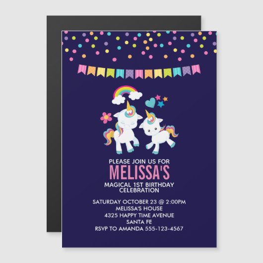 かわいい魔法のユニコーンと虹の誕生日 マグネット招待状 (正面/裏面)