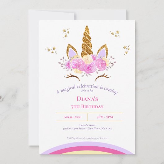 かわいい魔法のユニコーンの女の子の誕生日 招待状 (正面)