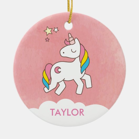 かわいい魔法のユニコーンを追加パーソナライズされた セラミックオーナメント (正面)