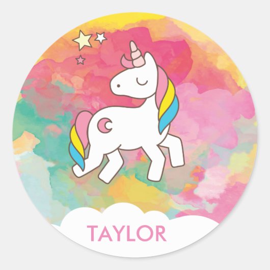かわいい魔法のユニコーンを追加パーソナライズされた ラウンドシール (正面)