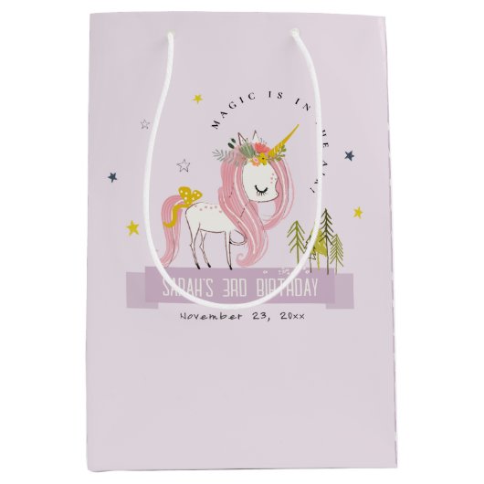かわいい魔法のユニコーンパープル薄紫子供の誕生日 ミディアムペーパーバッグ (正面)