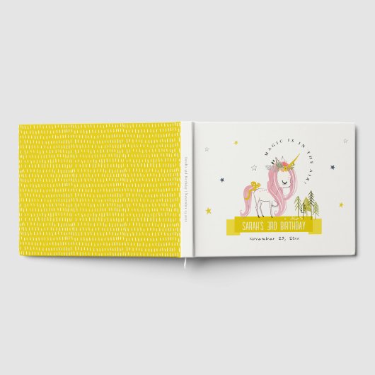 かわいい魔法のユニコーンピンクイエロー子供の誕生日 ゲストブック (全面)