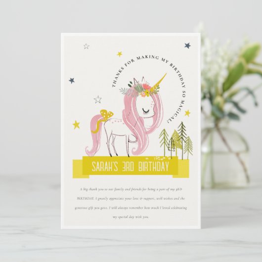 かわいい魔法のユニコーンピンクイエロー子供の誕生日 サンキューカード (スタンド正面)