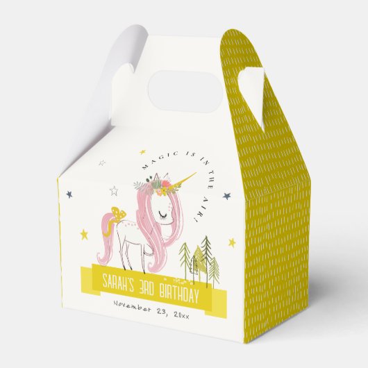 かわいい魔法のユニコーンピンクイエロー子供の誕生日 フェイバーボックス (正面サイド)