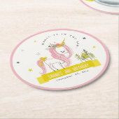 かわいい魔法のユニコーンピンクイエロー子供の誕生日 ラウンドペーパーコースター (アングル)