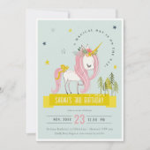 かわいい魔法のユニコーンピンクイエロー子供の誕生日 招待状 (正面)