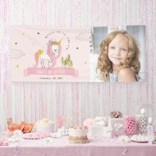 かわいい魔法のユニコーンピンクキッズフォト誕生日 横断幕
