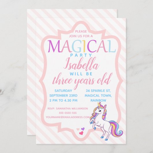 かわいい魔法のユニコーンピンク誕生日招待状 招待状 (正面/裏面)