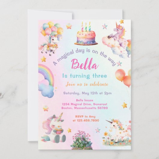 かわいい魔法のユニコーンレインボーガールバースデーパーティー 招待状 (正面)