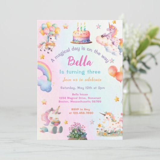 かわいい魔法のユニコーンレインボーガールバースデーパーティー 招待状 (スタンド正面)