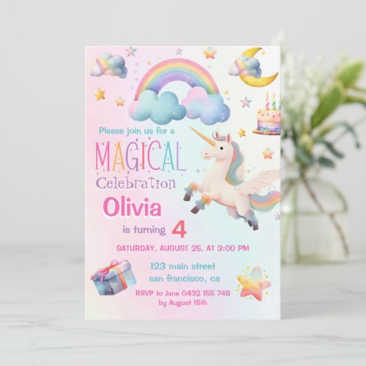 かわいい魔法のユニコーン女の子の誕生日パーティー 招待状 (スタンド正面)