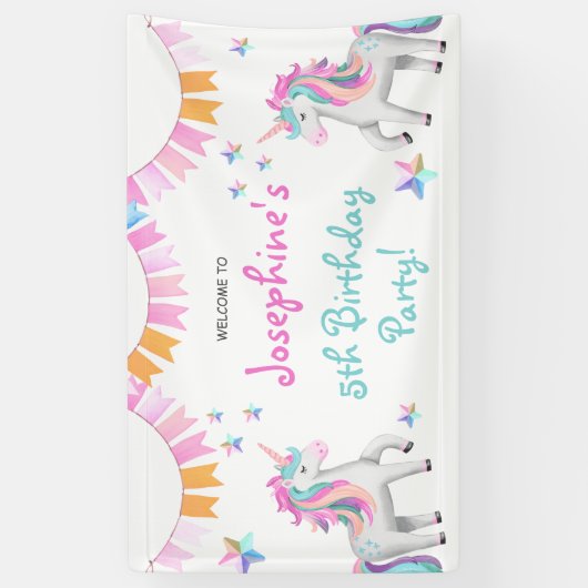 かわいい魔法のユニコーン子供の誕生日パーティーへようこそ 横断幕 (縦)