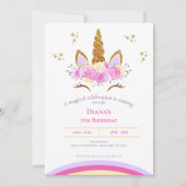 かわいい魔法のユニコーン少女の誕生日 招待状 (正面)