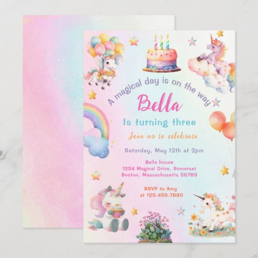 かわいい魔法のユニコーン虹の女の子の誕生日パーティー 招待状 (正面/裏面)