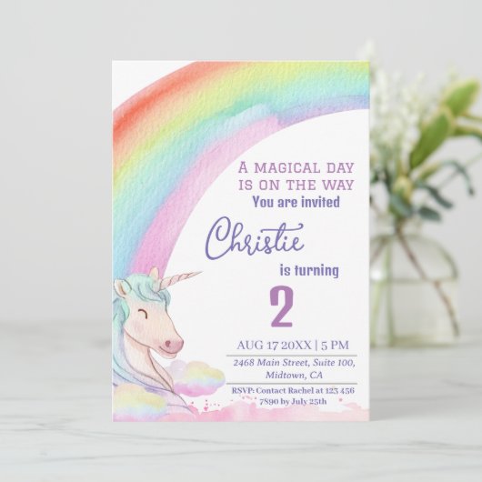 かわいい魔法のユニコーン虹の第2の誕生日 招待状 (スタンド正面)