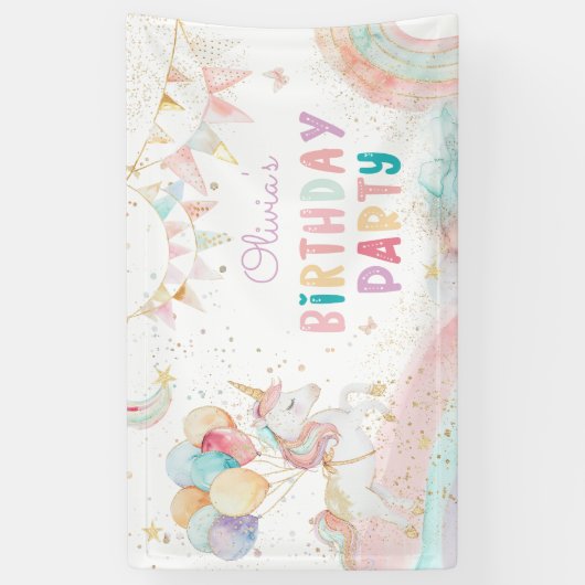かわいい魔法のユニコーン虹の誕生日パーティー 横断幕 (縦)