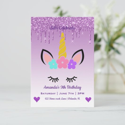 かわいい魔法のユニコーン&ハート誕生日 招待状 (スタンド正面)