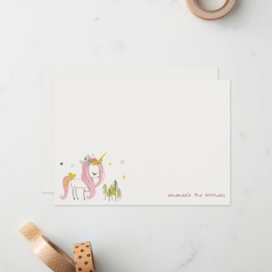 かわいい魔法のユニコーン ピンク黄色 子供の誕生日 ノートカード (正面/裏面インサイチュ)