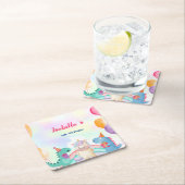 かわいい魔法のレインボーディノユニコーンバースデーパーティー スクエアペーパーコースター (インサイチュ)