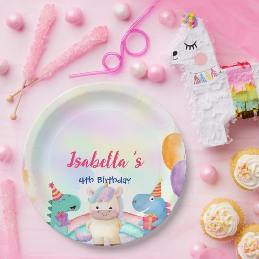 かわいい魔法のレインボーディノユニコーンバースデーパーティー ペーパープレート (パーティー)