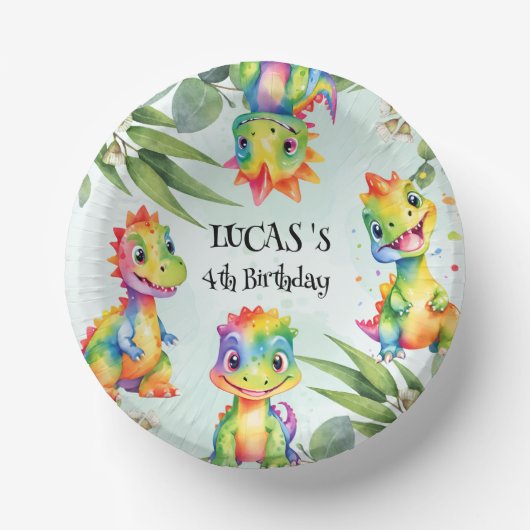かわいい魔法のレインボー恐竜ハッピーバースデーパーティー ペーパーボウル (正面)