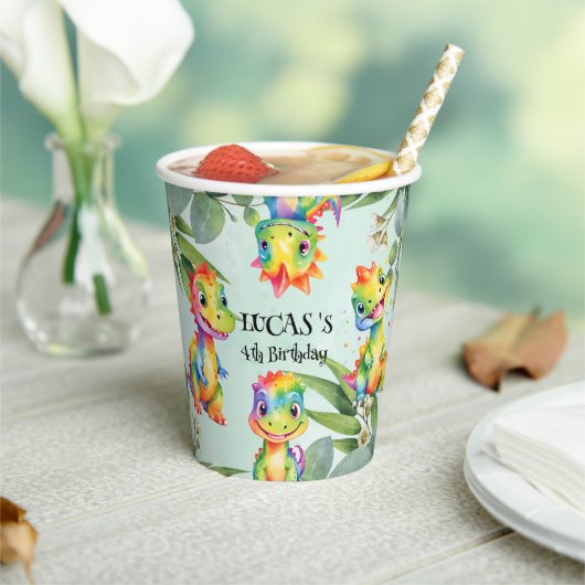 かわいい魔法のレインボー恐竜ハッピーバースデーパーティー 紙コップ (インサイチュ)