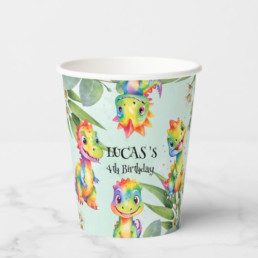 かわいい魔法のレインボー恐竜ハッピーバースデーパーティー 紙コップ (裏面)