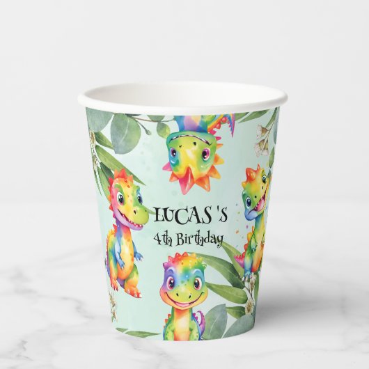 かわいい魔法のレインボー恐竜ハッピーバースデーパーティー 紙コップ (正面)