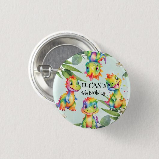 かわいい魔法のレインボー恐竜ハッピーバースデーパーティー 缶バッジ (正面&裏面)