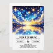 かわいい魔法の天体デジタル誕生日 招待状 (正面/裏面)