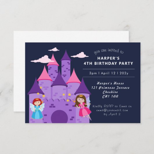 かわいい魔法の妖精&キャッスルガールの4歳の誕生日 招待状 (正面/裏面)