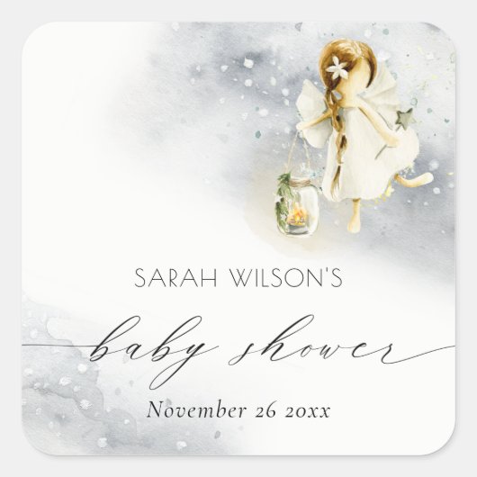 かわいい魔法の星空の水の色フェアリー赤ちゃんシャワー スクエアシール (正面)