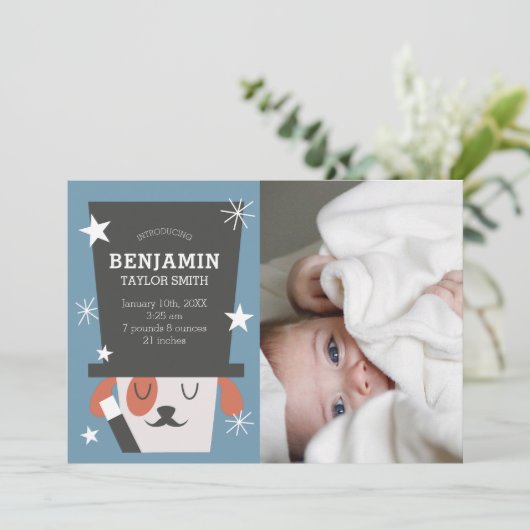 かわいい魔法の犬のベビー写真誕生 案内状 (スタンド正面)