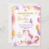 かわいい魔法の現代のユニコーンの虹の４歳の誕生日 招待状 (正面)