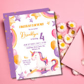 かわいい魔法の現代のユニコーンの虹の４歳の誕生日 招待状