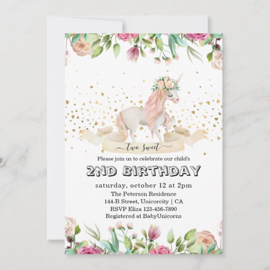 かわいい魔法の生き物 女の子の2歳の誕生日 招待状 (正面)