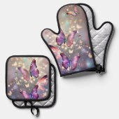 かわいい魔法の紫の蝶 鍋つかみ&鍋敷きセット (正面/裏面)