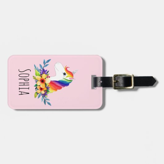 かわいい魔法の虹のユニコーンと名前の子供たち ラゲッジタグ (正面横)