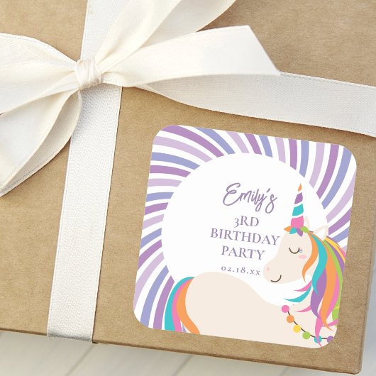 かわいい魔法の虹のユニコーンガールバースデーパーティー スクエアシール